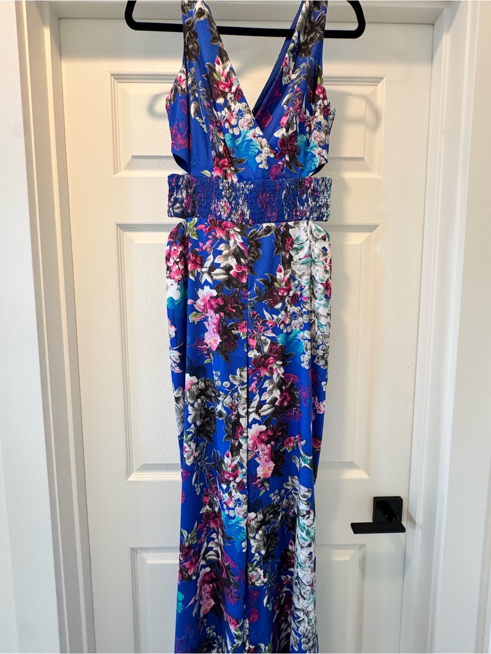 bebe Royal Blue Floral V-Neck Jumpsuit